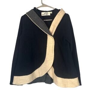 Rosie Neira Anthro Navy Blue & Cream Colorblock Boiled Wool Coat Women Sz XS